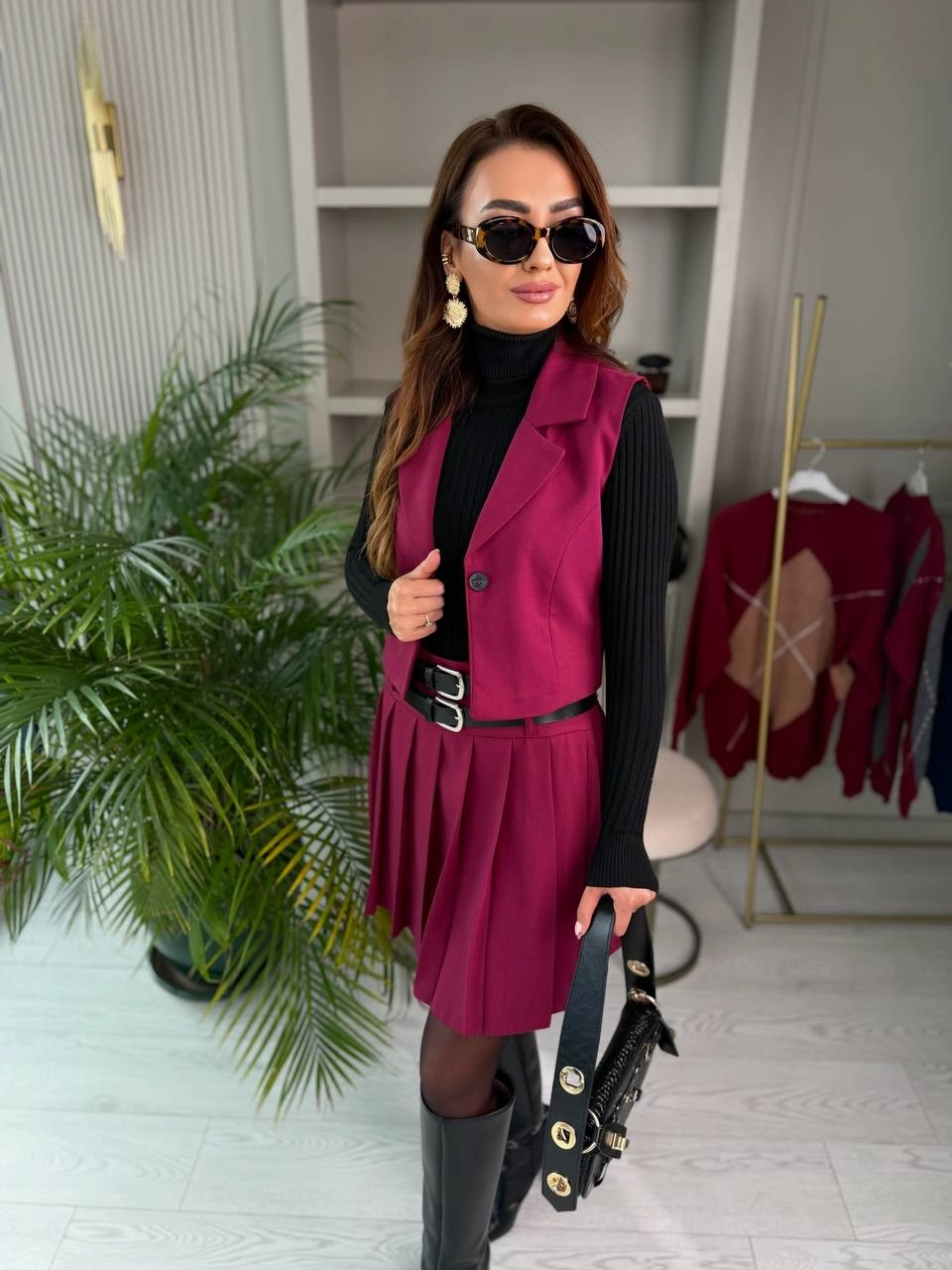 Bordo%20Kemerli%20Poliviskon%20Kumaş%20Etek%20Yelek%20Takım