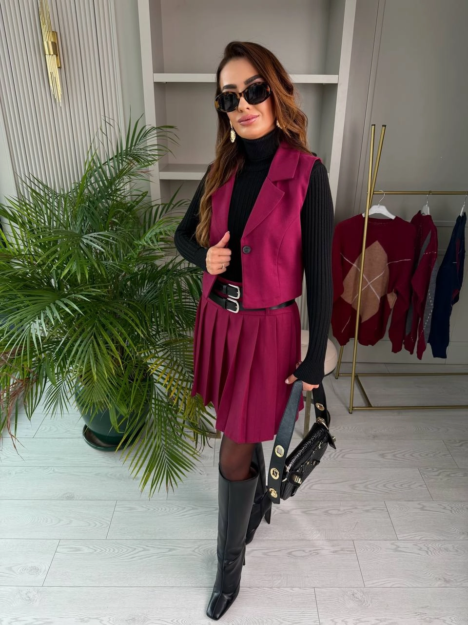 Bordo%20Kemerli%20Poliviskon%20Kumaş%20Etek%20Yelek%20Takım