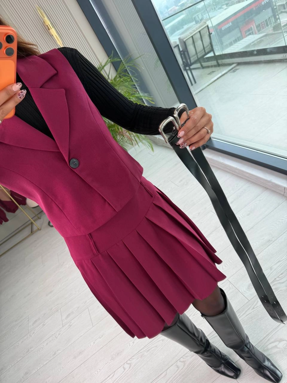 Bordo%20Kemerli%20Poliviskon%20Kumaş%20Etek%20Yelek%20Takım