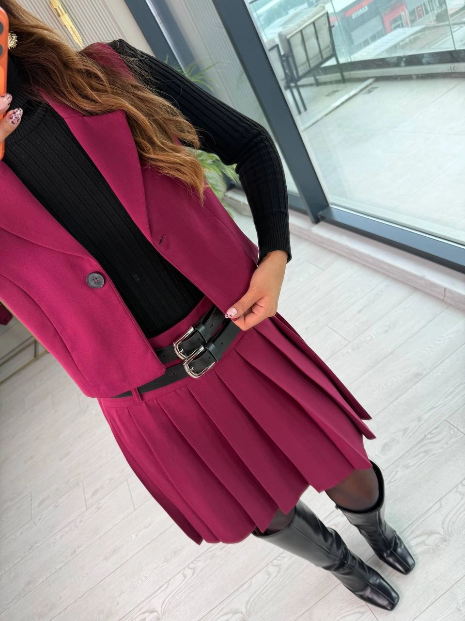 Bordo%20Kemerli%20Poliviskon%20Kumaş%20Etek%20Yelek%20Takım