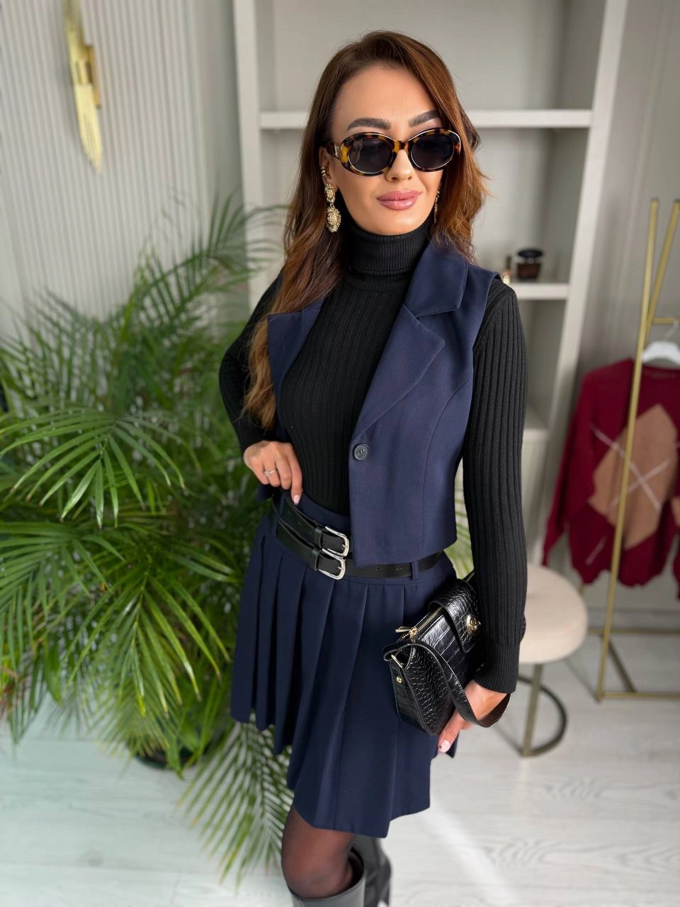 Lacivert%20Kemerli%20Poliviskon%20Kumaş%20Etek%20Yelek%20Takım