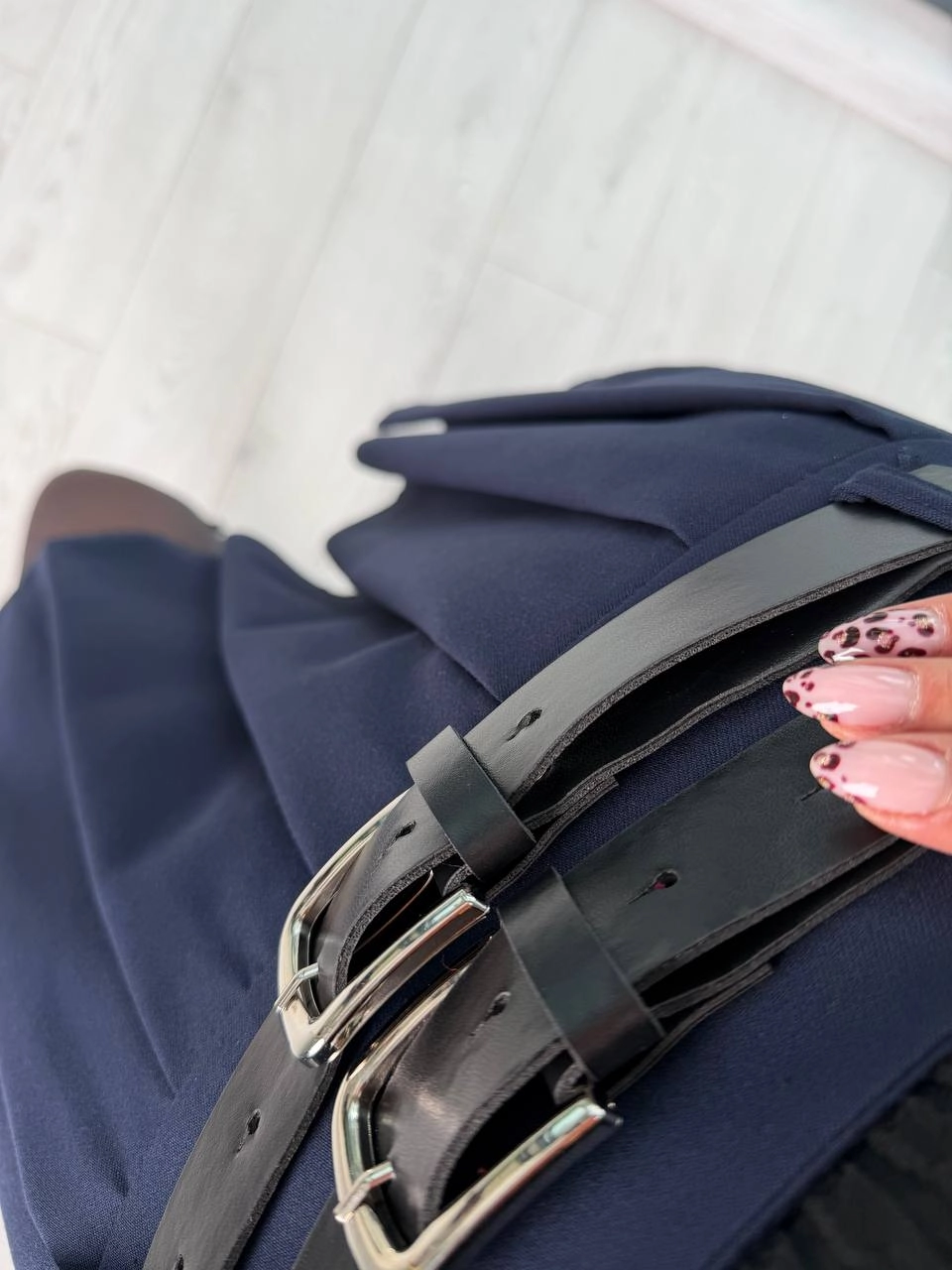 Lacivert%20Kemerli%20Poliviskon%20Kumaş%20Etek%20Yelek%20Takım