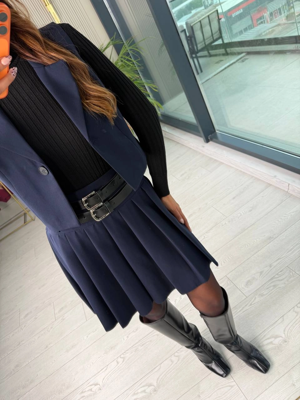 Lacivert%20Kemerli%20Poliviskon%20Kumaş%20Etek%20Yelek%20Takım