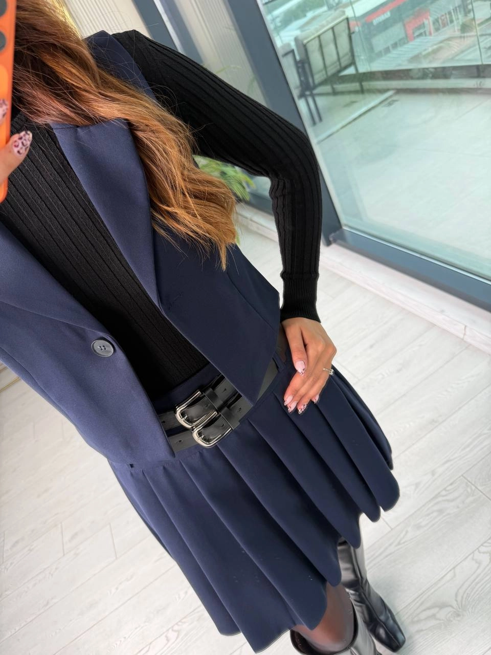 Lacivert%20Kemerli%20Poliviskon%20Kumaş%20Etek%20Yelek%20Takım