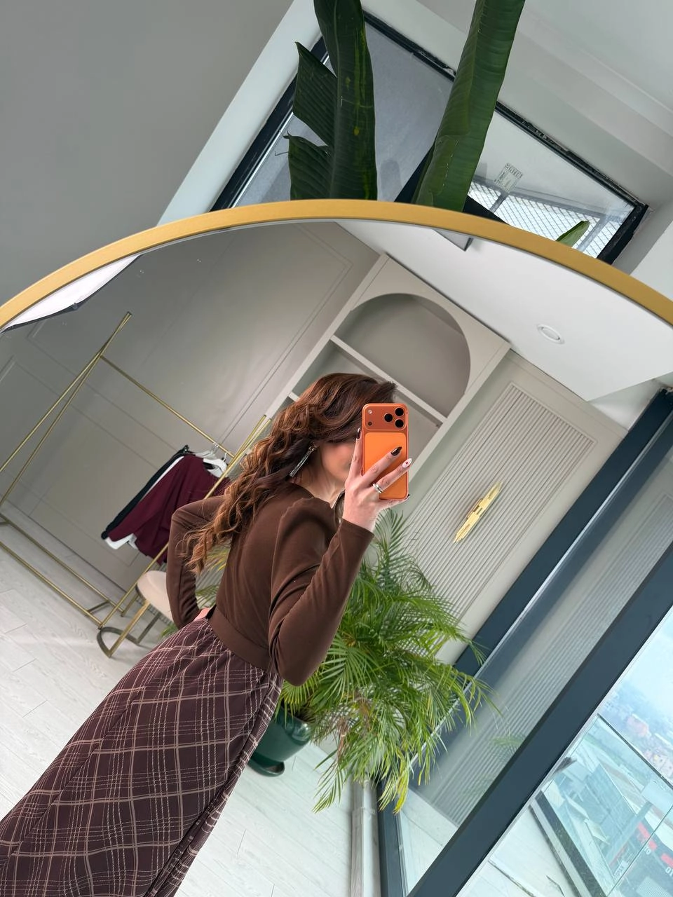 Kahverengi%20Ekose%20Desen%20Kemerli%20Astarlı%20Elbise