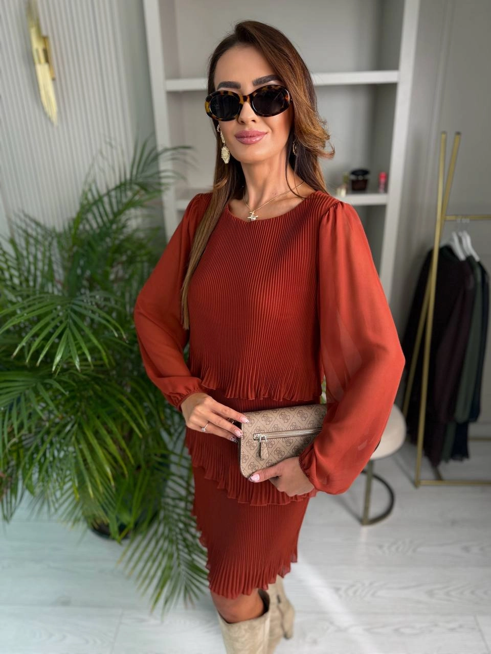 Kiremit%20Piliseli%20Katlı%20Astarlı%20Uzun%20Kol%20Premium%20Şifon%20Elbise