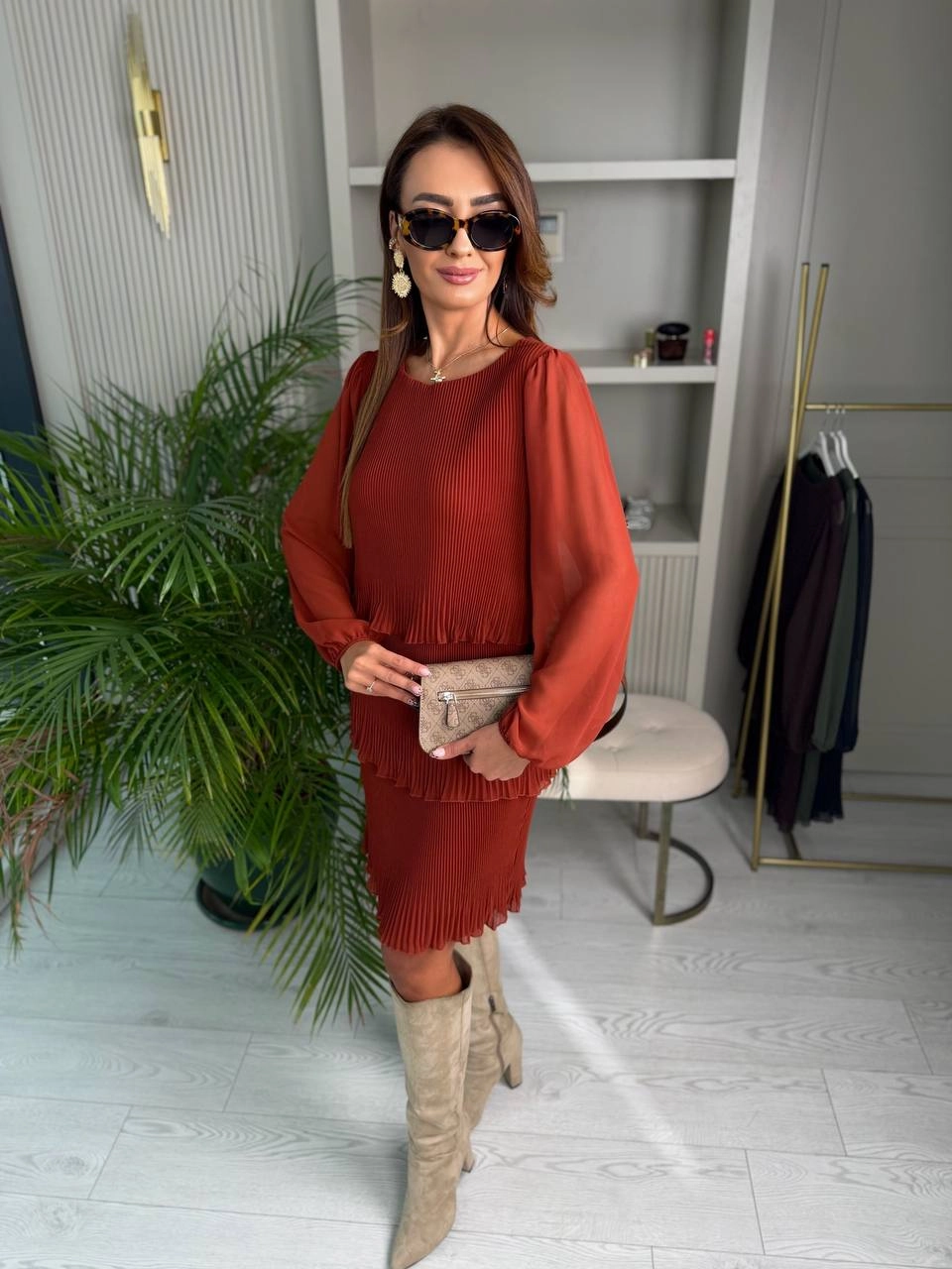 Kiremit%20Piliseli%20Katlı%20Astarlı%20Uzun%20Kol%20Premium%20Şifon%20Elbise