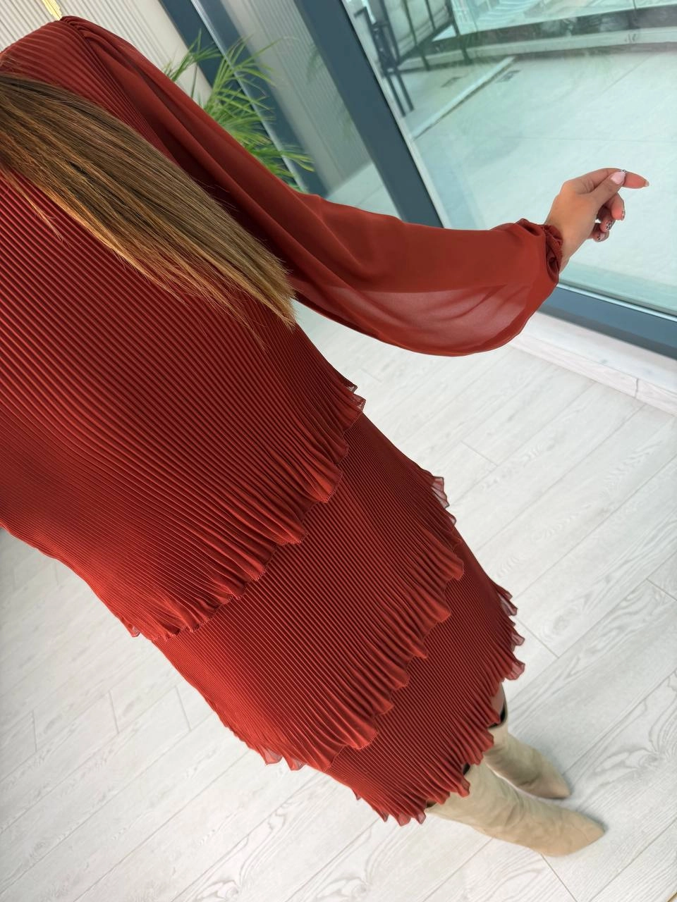 Kiremit%20Piliseli%20Katlı%20Astarlı%20Uzun%20Kol%20Premium%20Şifon%20Elbise