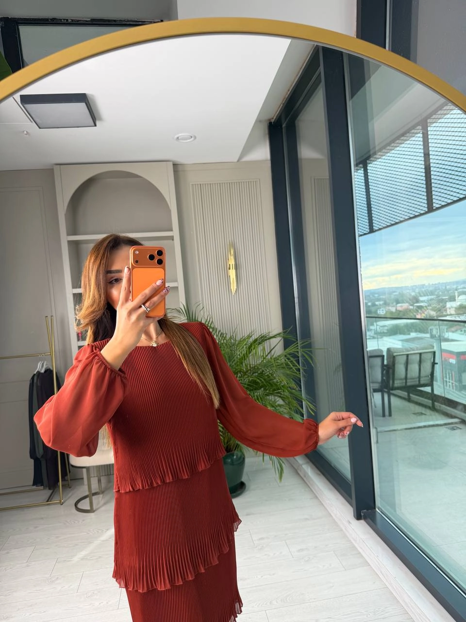 Kiremit%20Piliseli%20Katlı%20Astarlı%20Uzun%20Kol%20Premium%20Şifon%20Elbise