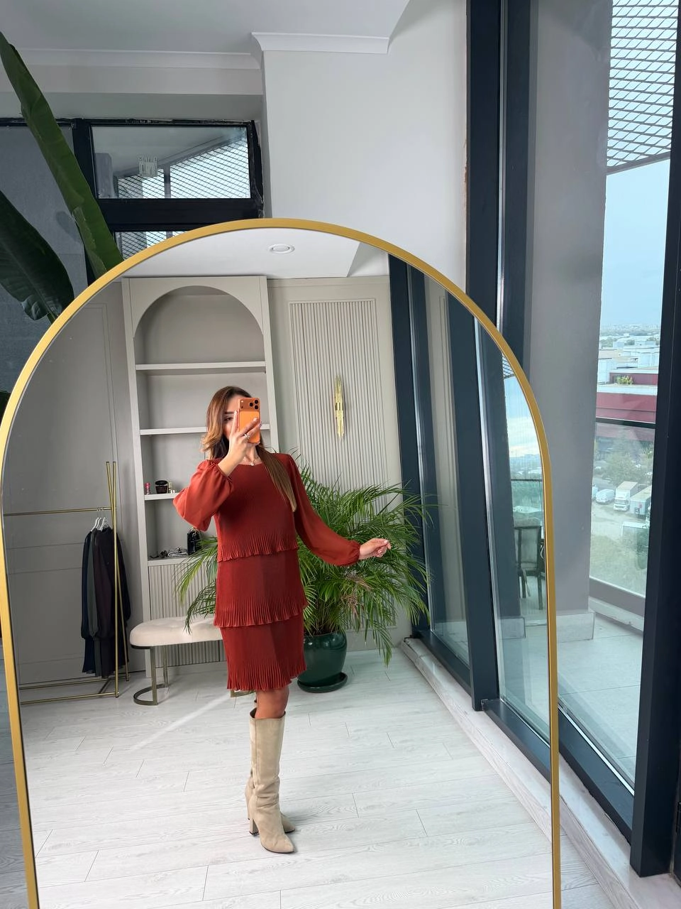 Kiremit%20Piliseli%20Katlı%20Astarlı%20Uzun%20Kol%20Premium%20Şifon%20Elbise