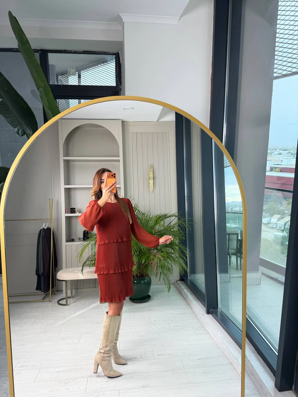 Kiremit%20Piliseli%20Katlı%20Astarlı%20Uzun%20Kol%20Premium%20Şifon%20Elbise