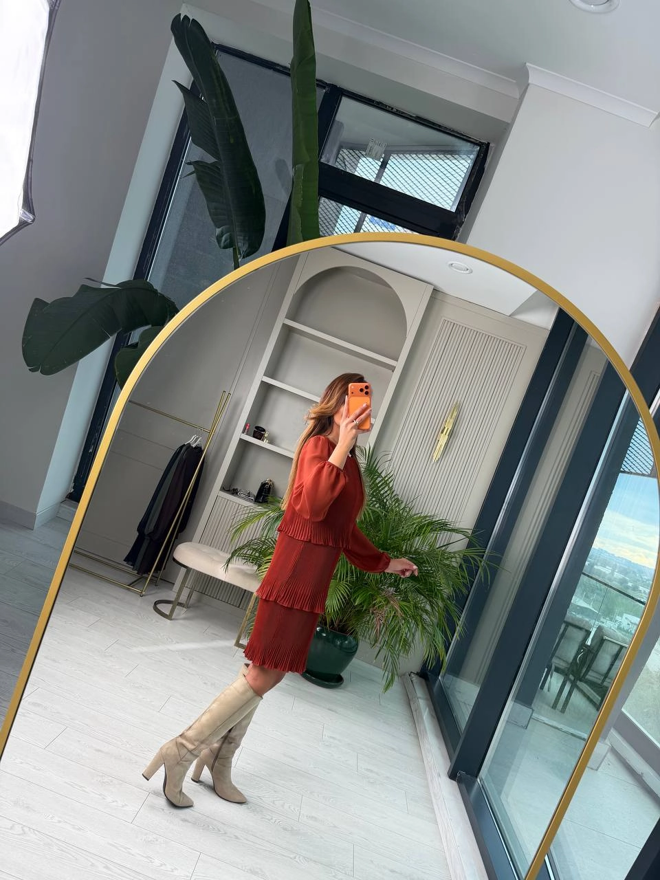 Kiremit%20Piliseli%20Katlı%20Astarlı%20Uzun%20Kol%20Premium%20Şifon%20Elbise