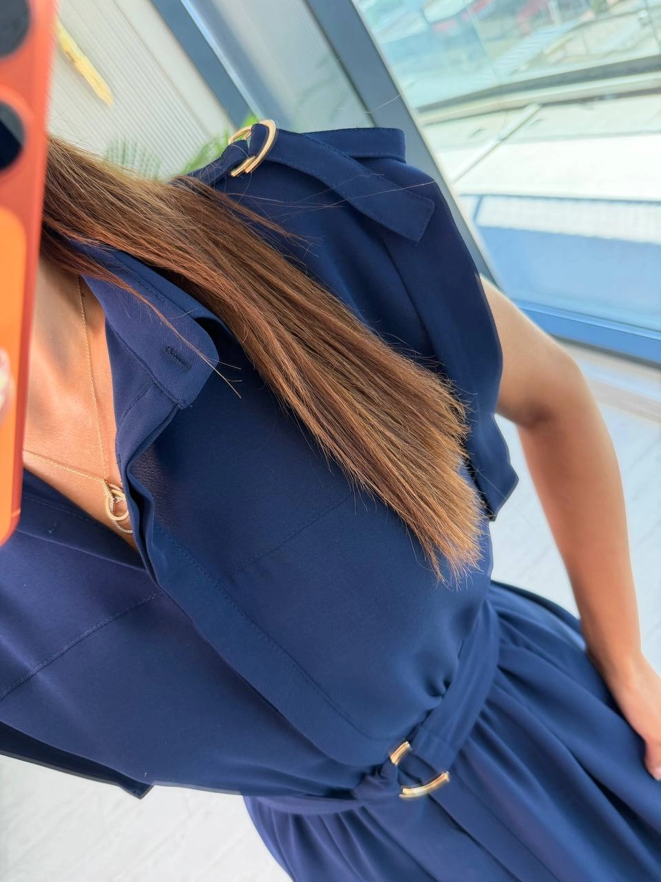 Lacivert%20Kol%20Detaylı%20Beli%20Lastikli%20Gömlek%20Elbise