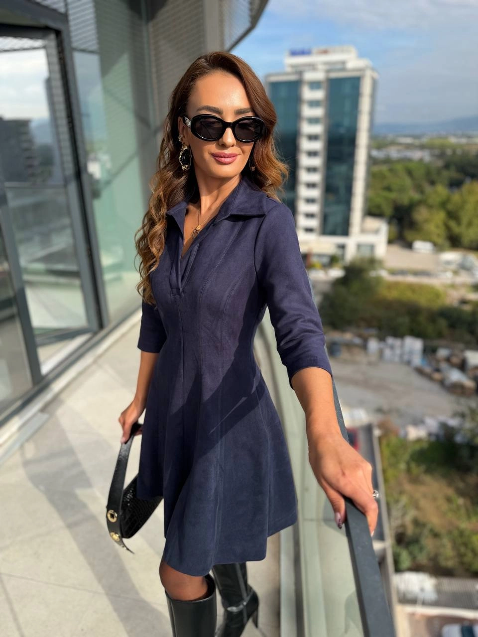 Lacivert%20%20Yaka%20Detay%20Nubuk%20Süet%20Elbise