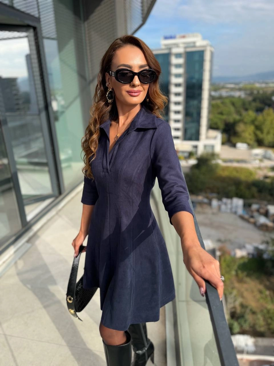 Lacivert%20%20Yaka%20Detay%20Nubuk%20Süet%20Elbise