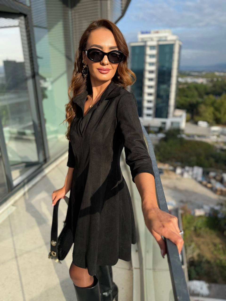 Siyah%20Yaka%20Detay%20Nubuk%20Süet%20Elbise