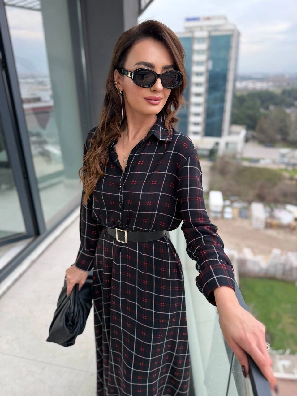 Siyah%20Ekose%20Desen%20Kemerli%20Pamuklu%20Viskon%20Kumaş%20Gömlek%20Elbise