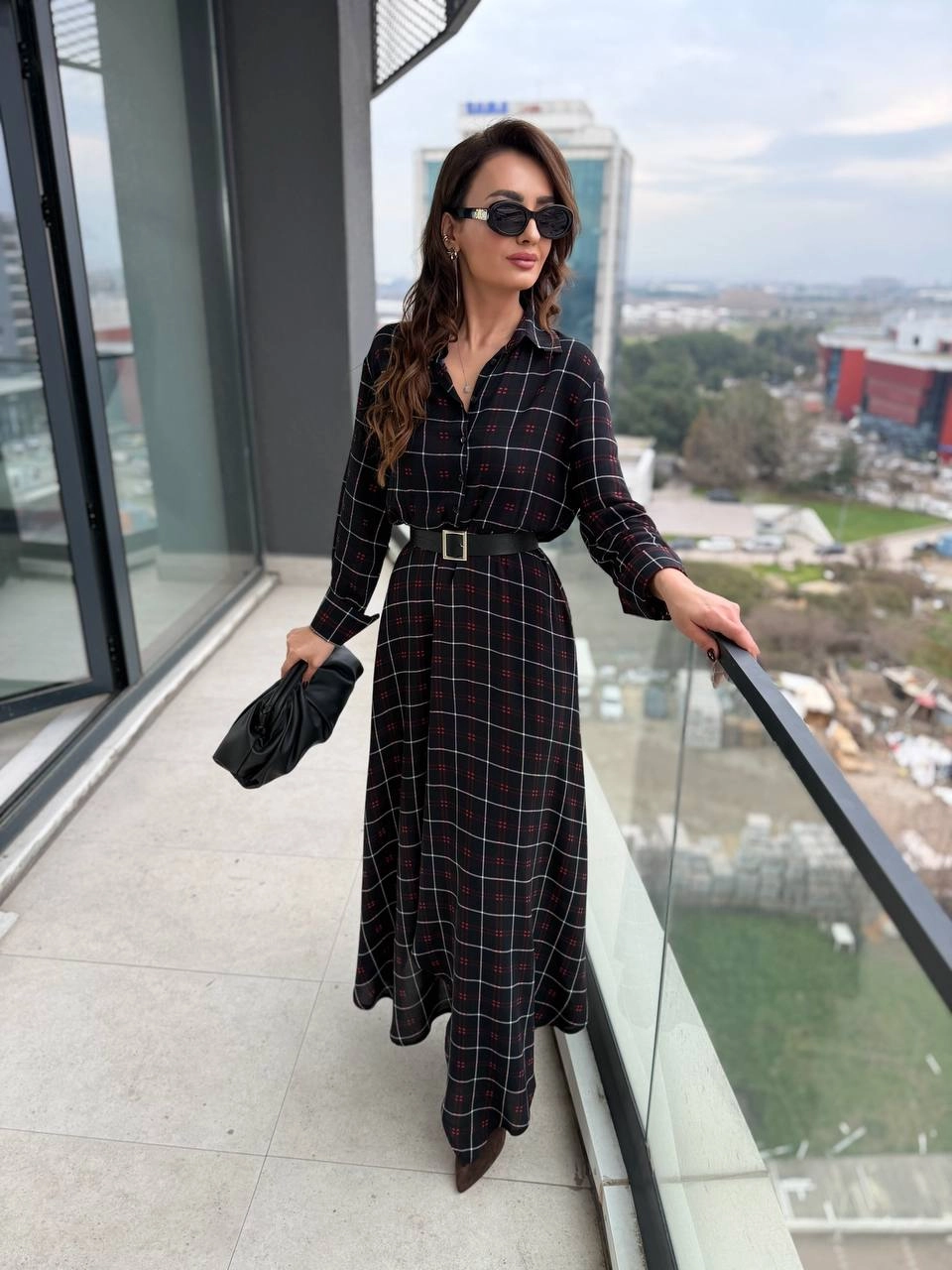 Siyah%20Ekose%20Desen%20Kemerli%20Pamuklu%20Viskon%20Kumaş%20Gömlek%20Elbise