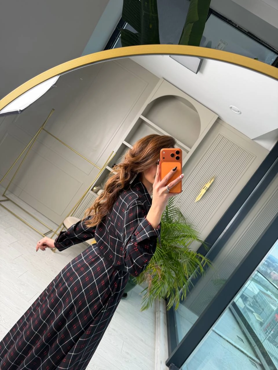 Siyah%20Ekose%20Desen%20Kemerli%20Pamuklu%20Viskon%20Kumaş%20Gömlek%20Elbise