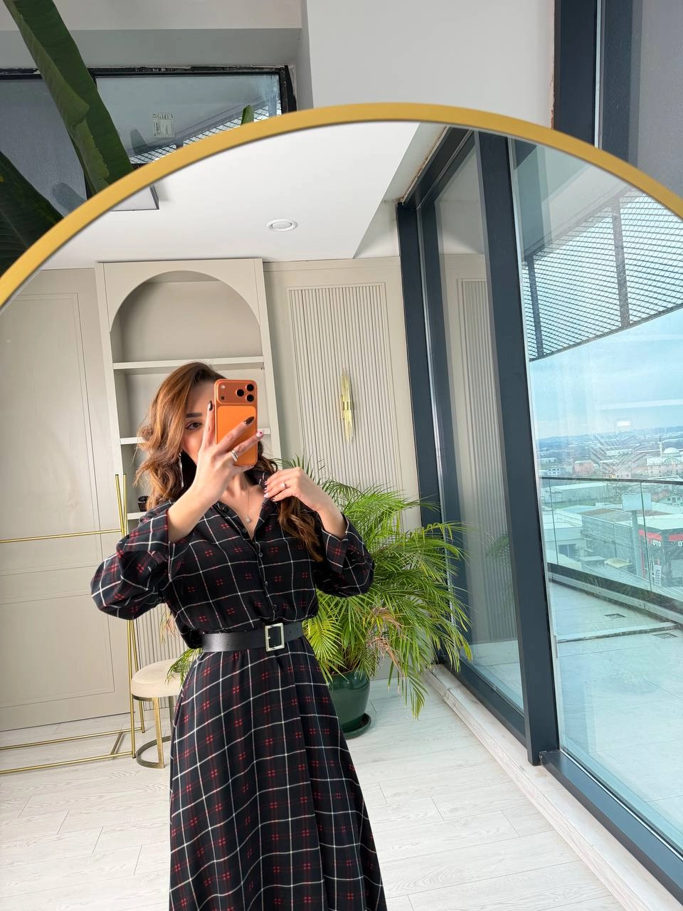 Siyah%20Ekose%20Desen%20Kemerli%20Pamuklu%20Viskon%20Kumaş%20Gömlek%20Elbise