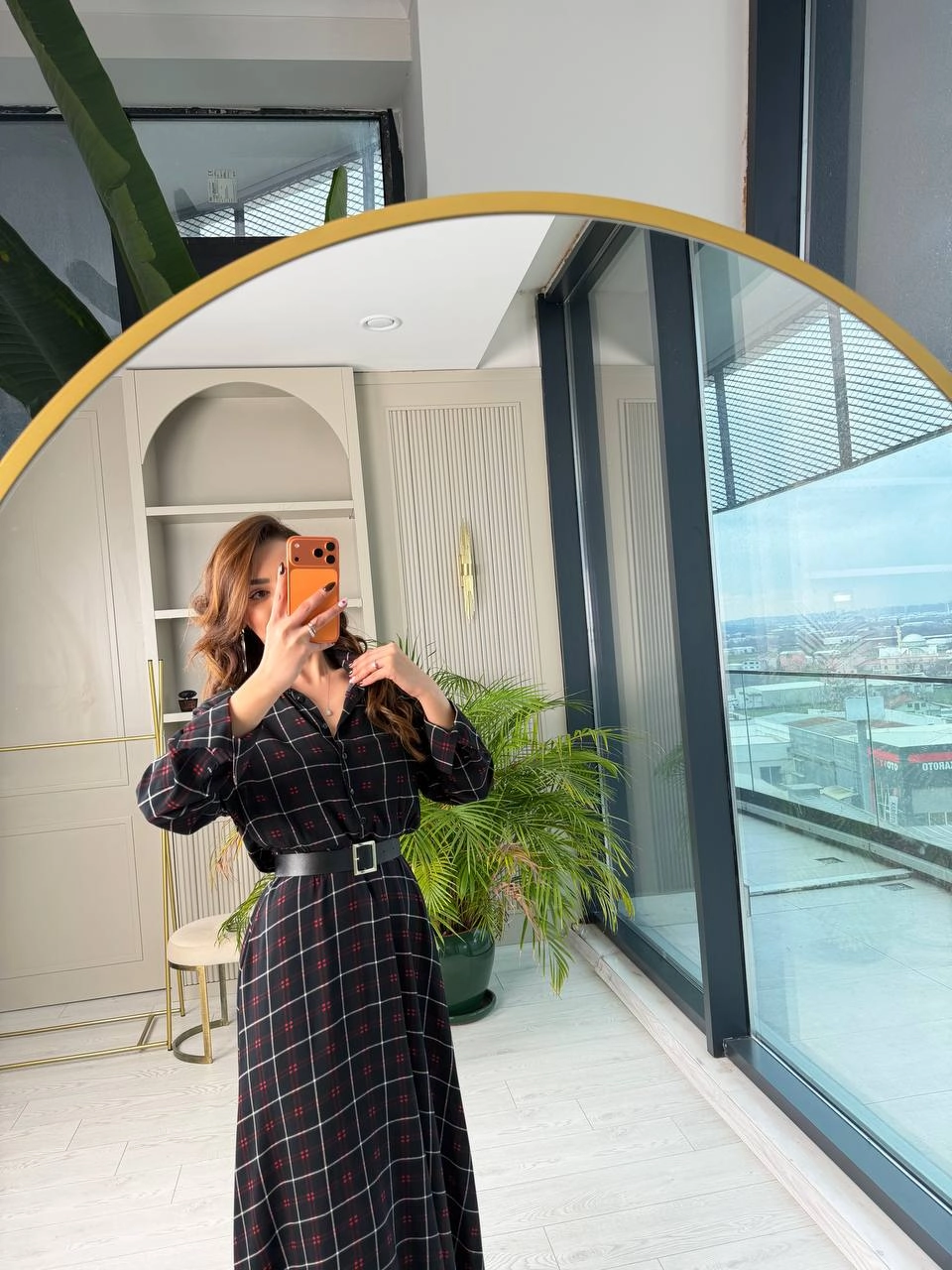 Siyah%20Ekose%20Desen%20Kemerli%20Pamuklu%20Viskon%20Kumaş%20Gömlek%20Elbise