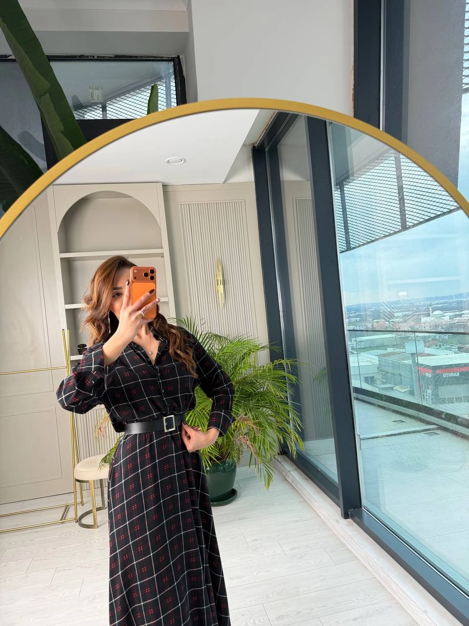 Siyah%20Ekose%20Desen%20Kemerli%20Pamuklu%20Viskon%20Kumaş%20Gömlek%20Elbise