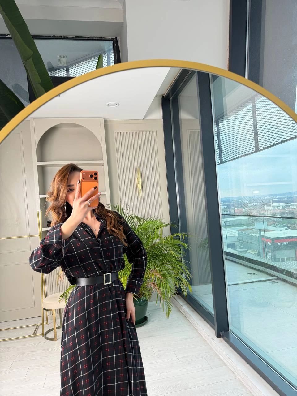 Siyah%20Ekose%20Desen%20Kemerli%20Pamuklu%20Viskon%20Kumaş%20Gömlek%20Elbise