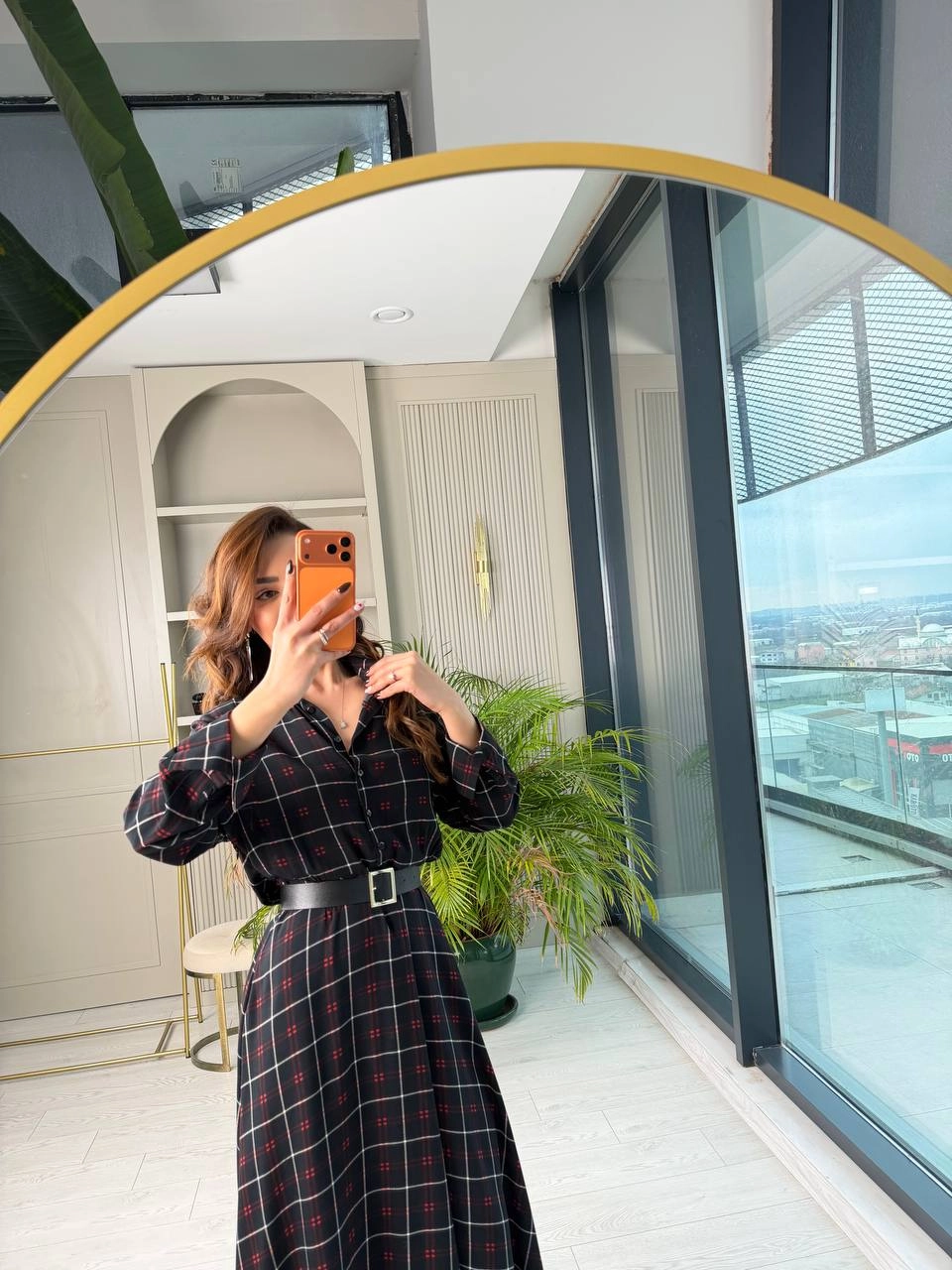 Siyah%20Ekose%20Desen%20Kemerli%20Pamuklu%20Viskon%20Kumaş%20Gömlek%20Elbise