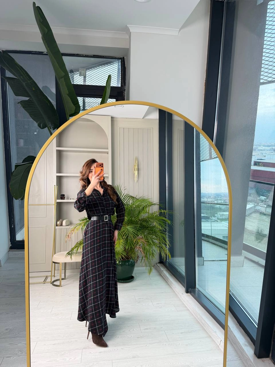 Siyah%20Ekose%20Desen%20Kemerli%20Pamuklu%20Viskon%20Kumaş%20Gömlek%20Elbise