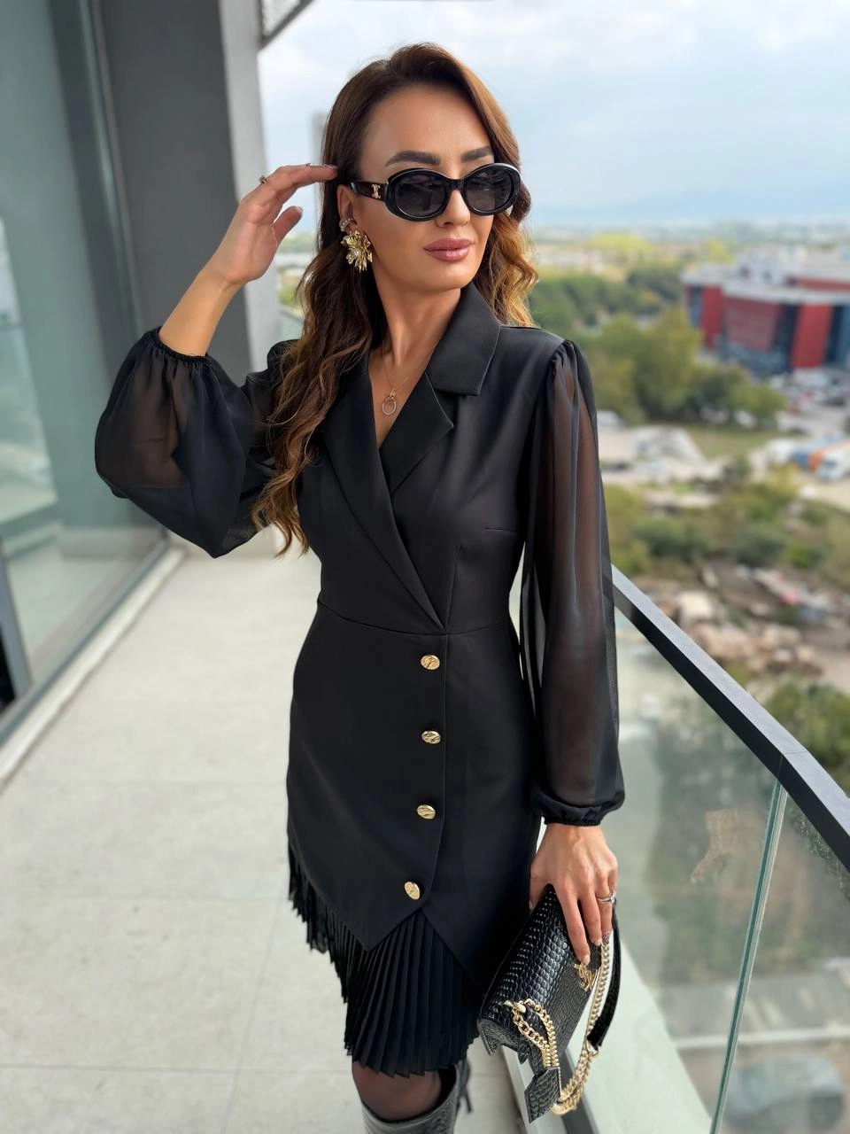 Tasarım%20Siyah%20Pilise%20Detaylı%20Astarlı%20Elbise