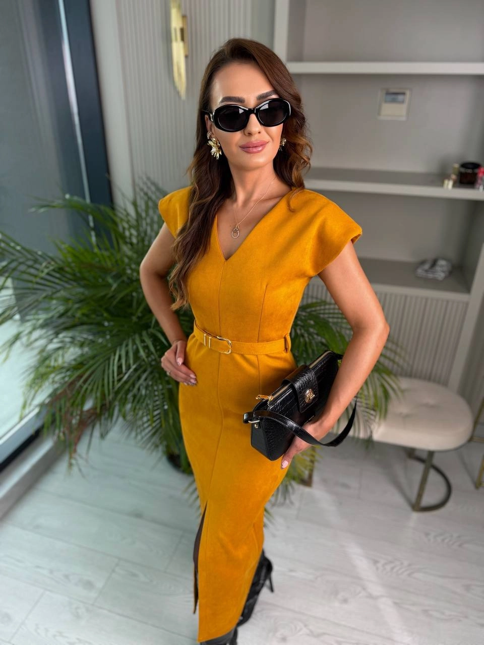 Hardal%20Kemerli%20Vatkalı%20Nubuk%20Süet%20Elbise