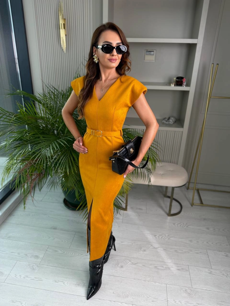 Hardal%20Kemerli%20Vatkalı%20Nubuk%20Süet%20Elbise