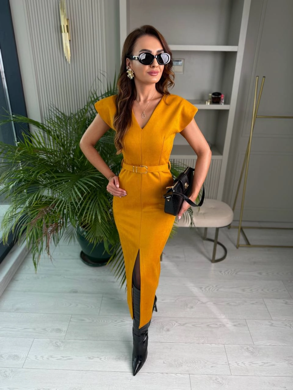 Hardal%20Kemerli%20Vatkalı%20Nubuk%20Süet%20Elbise