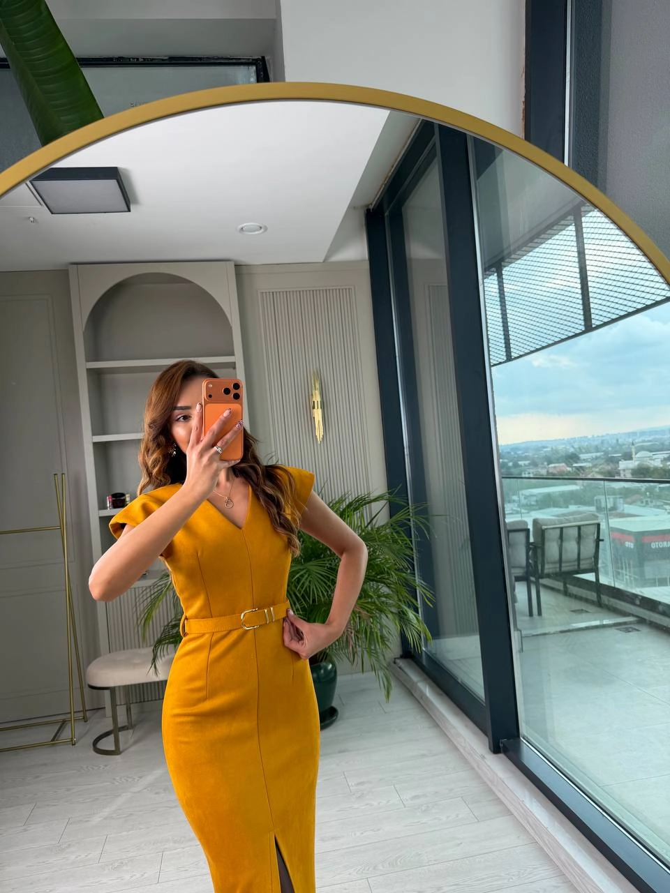 Hardal%20Kemerli%20Vatkalı%20Nubuk%20Süet%20Elbise