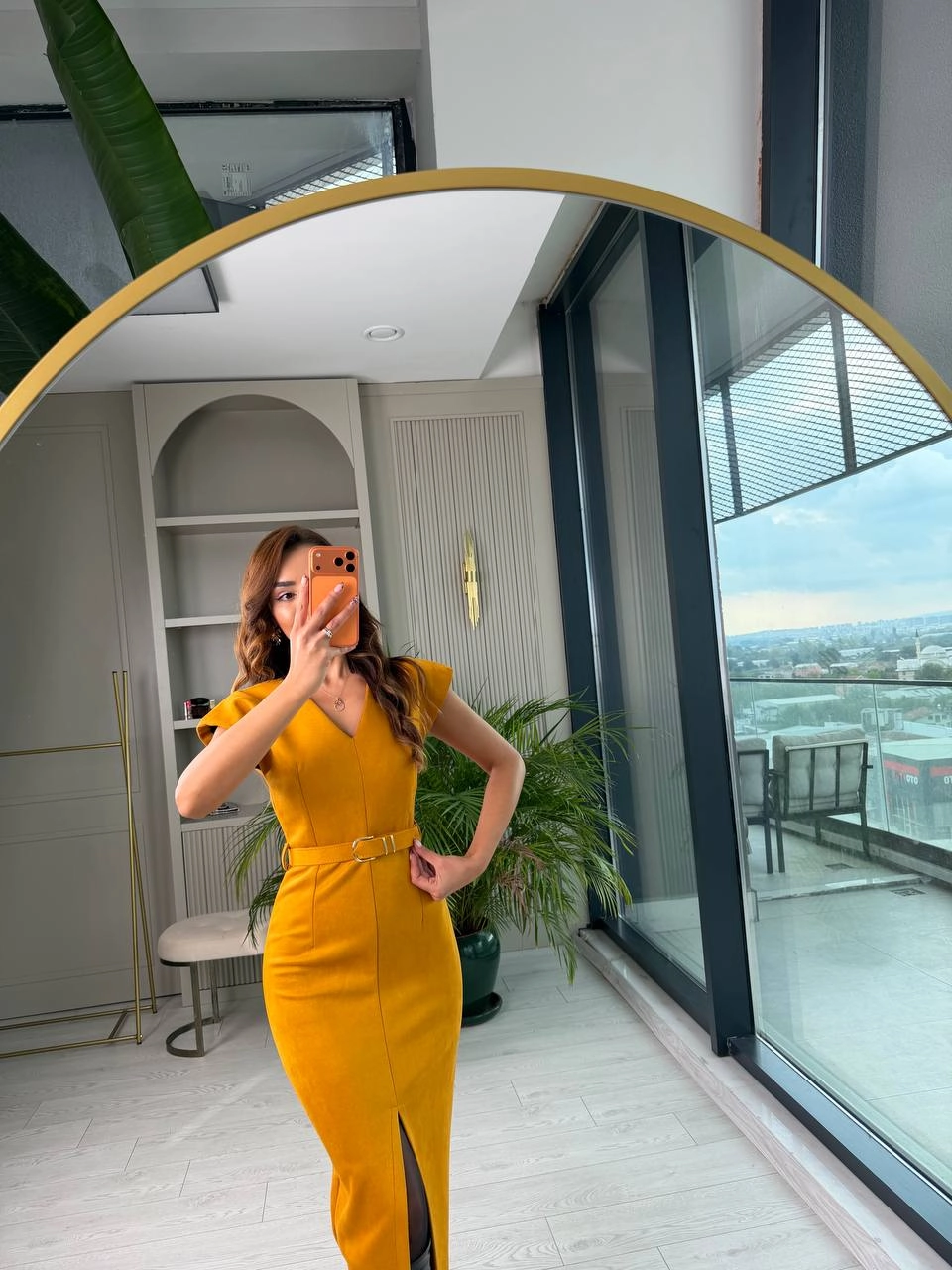 Hardal%20Kemerli%20Vatkalı%20Nubuk%20Süet%20Elbise