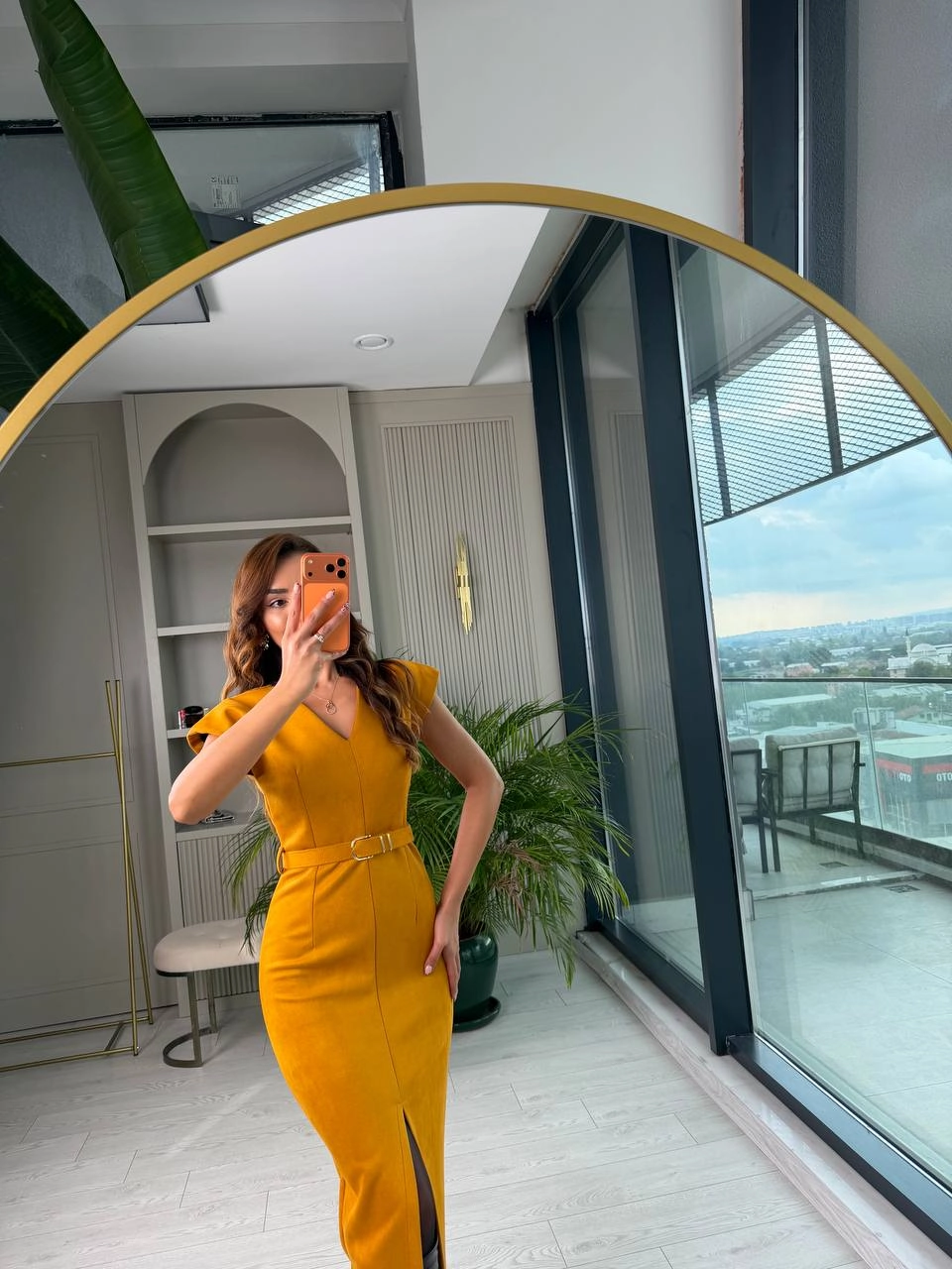 Hardal%20Kemerli%20Vatkalı%20Nubuk%20Süet%20Elbise