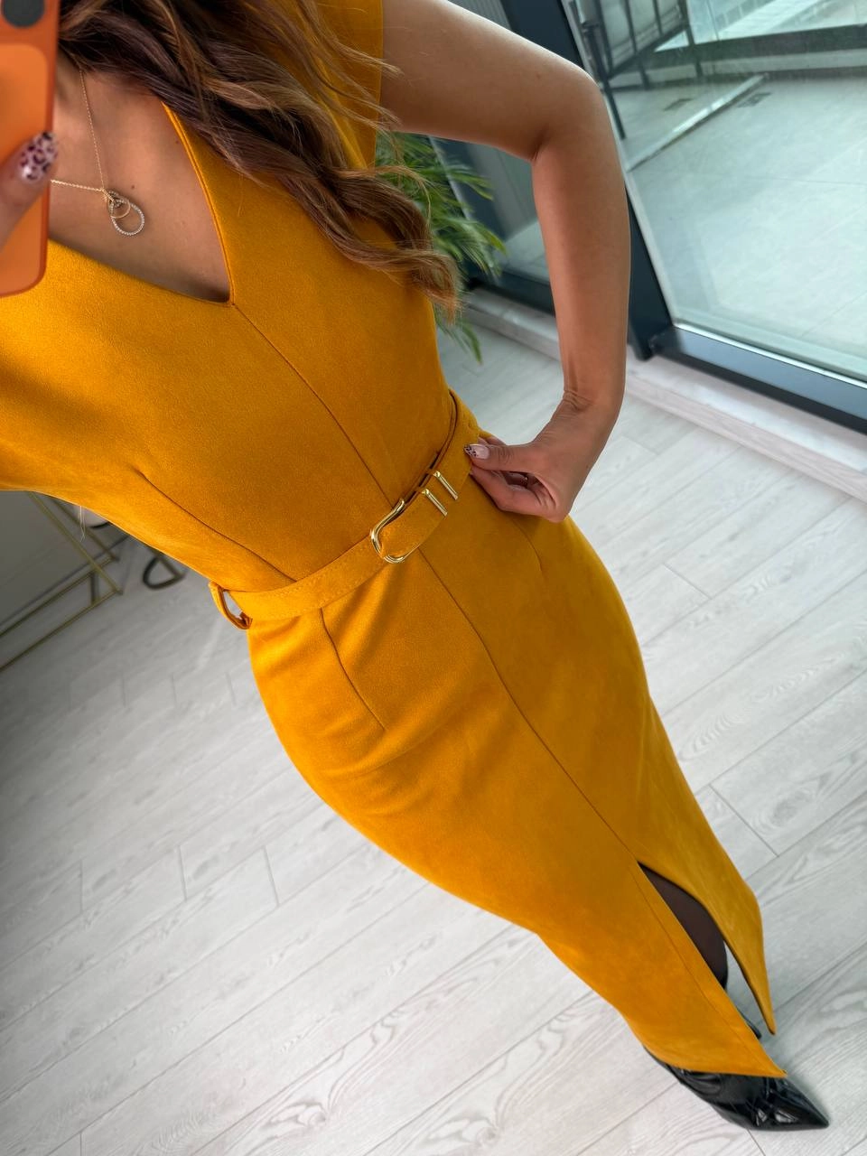 Hardal%20Kemerli%20Vatkalı%20Nubuk%20Süet%20Elbise