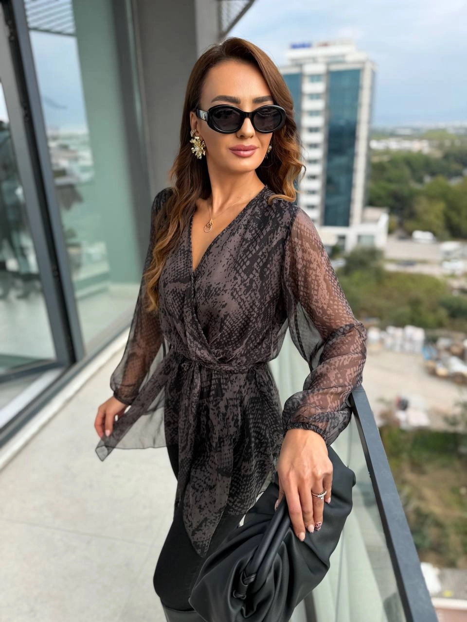 Tasarım%20Asimetrik%20Piton%20Desen%20Şifon%20Bluz