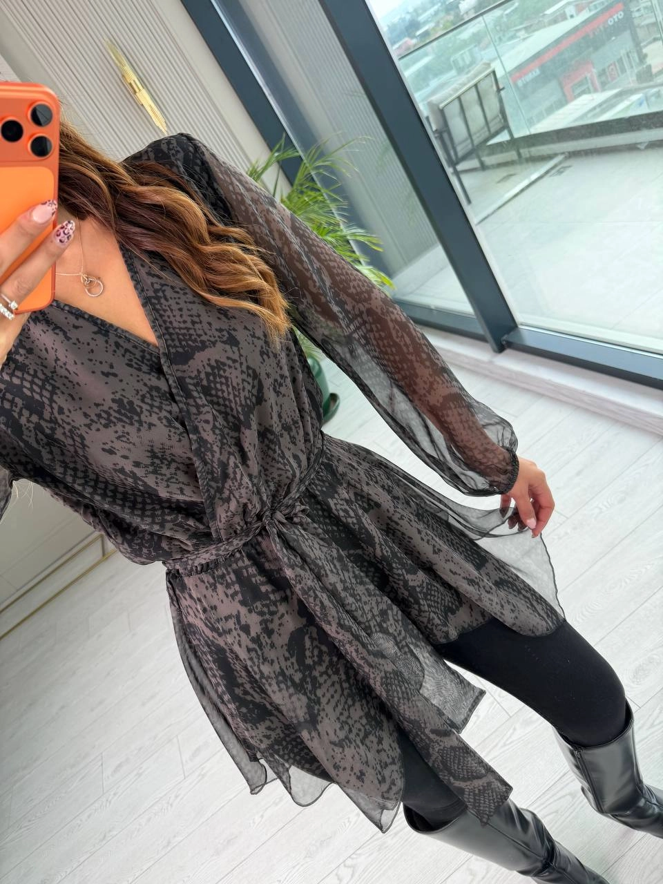 Tasarım%20Asimetrik%20Piton%20Desen%20Şifon%20Bluz