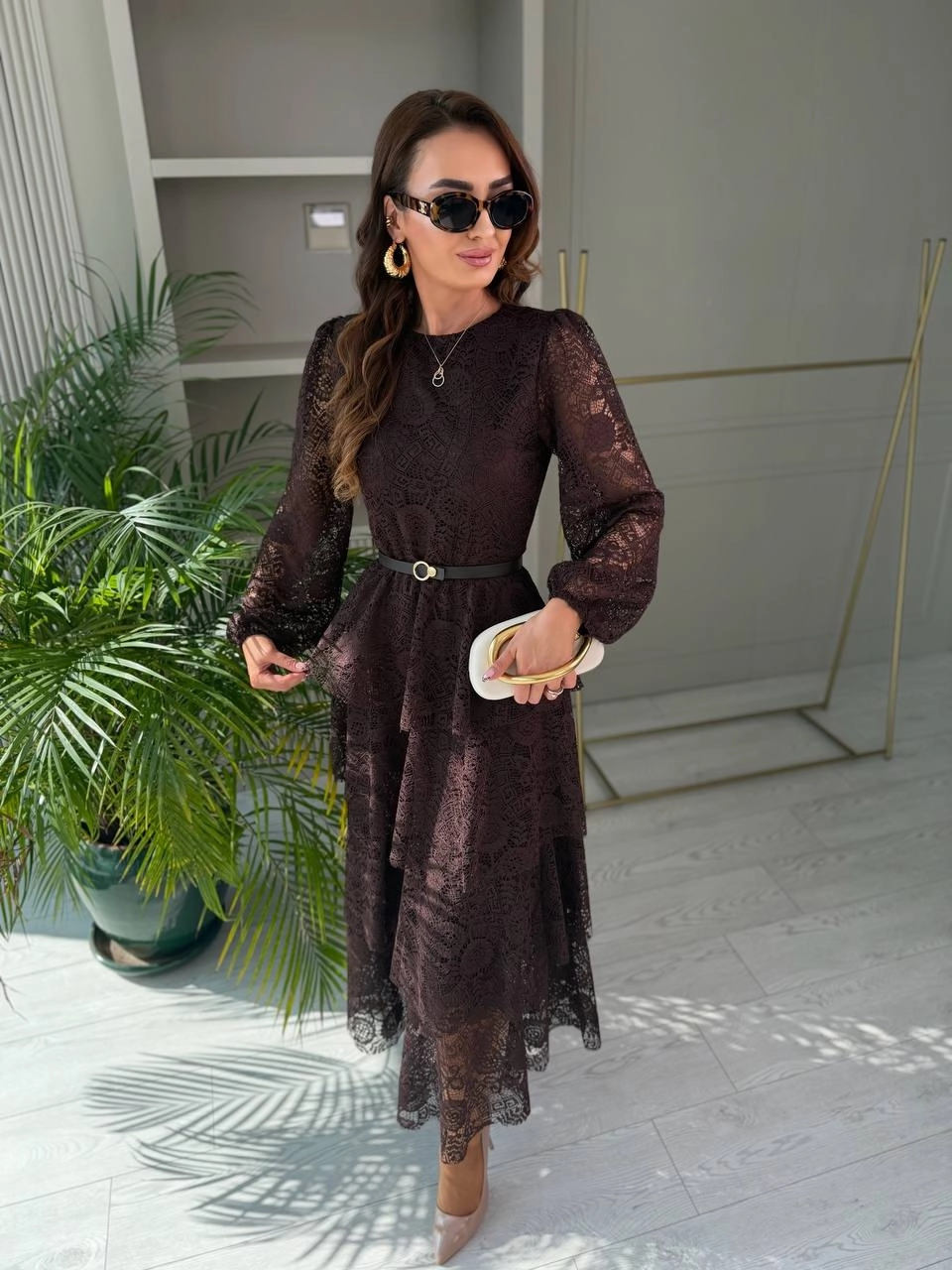 Tasarım%20Kahverengi%20Kat%20Kat%20Kemerli%20Astarlı%20Premium%20Dantel%20Elbise