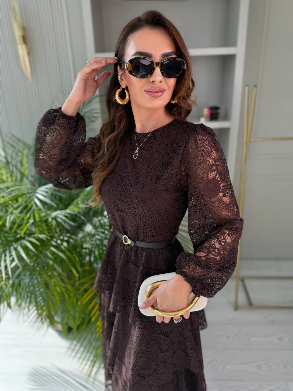 Tasarım%20Kahverengi%20Kat%20Kat%20Kemerli%20Astarlı%20Premium%20Dantel%20Elbise