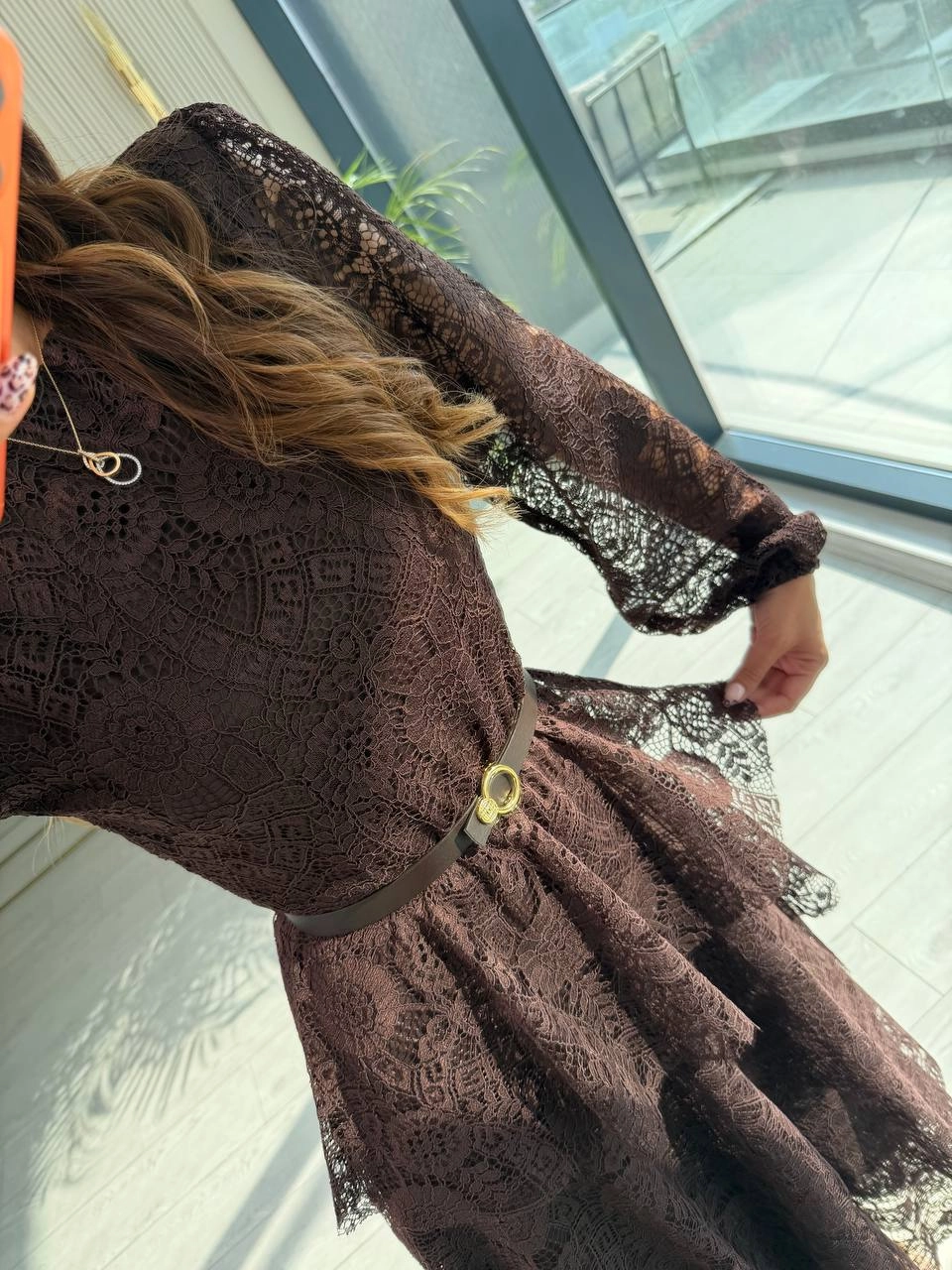 Tasarım%20Kahverengi%20Kat%20Kat%20Kemerli%20Astarlı%20Premium%20Dantel%20Elbise