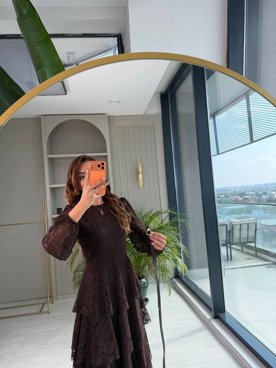 Tasarım%20Kahverengi%20Kat%20Kat%20Kemerli%20Astarlı%20Premium%20Dantel%20Elbise