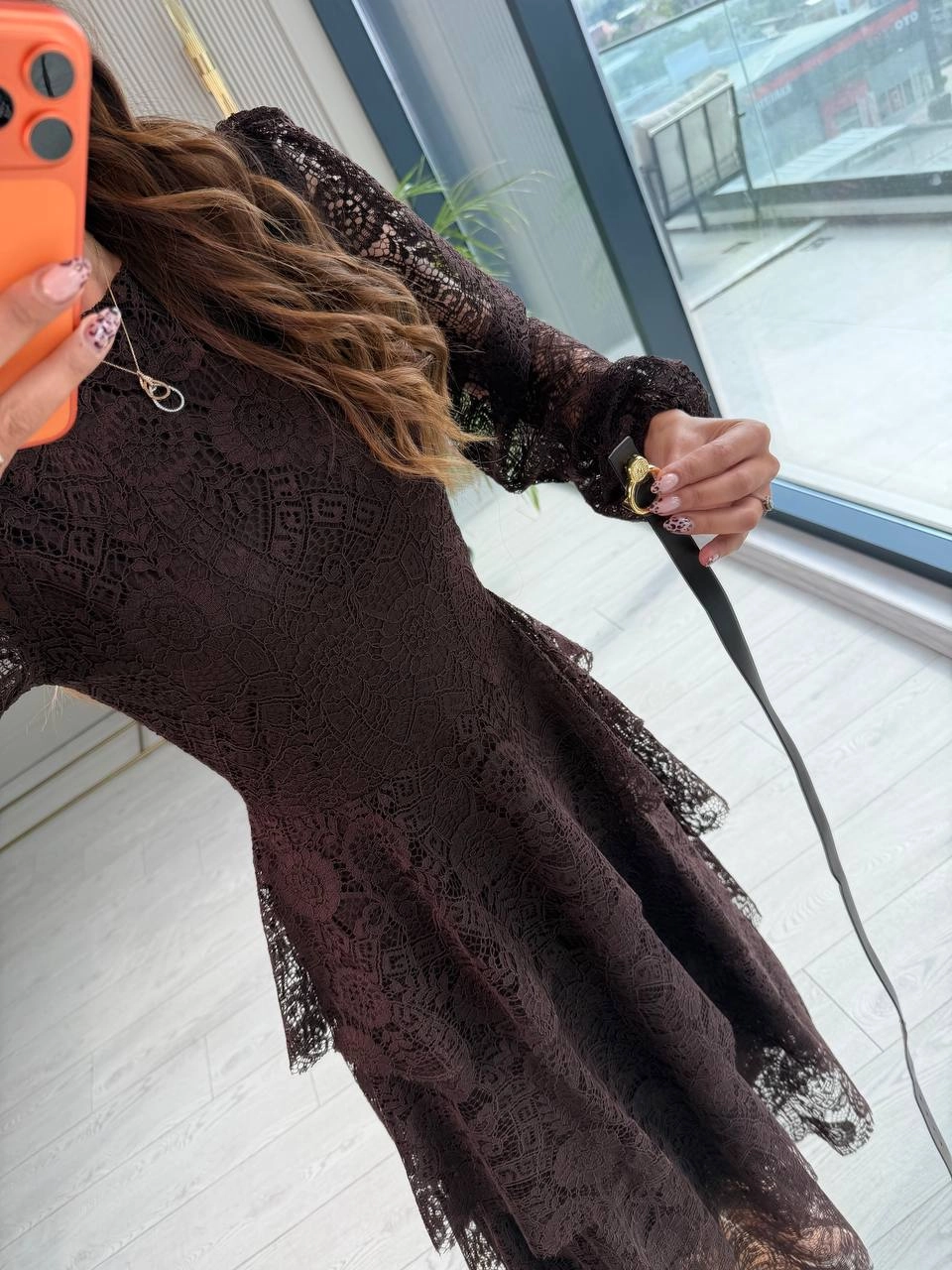Tasarım%20Kahverengi%20Kat%20Kat%20Kemerli%20Astarlı%20Premium%20Dantel%20Elbise