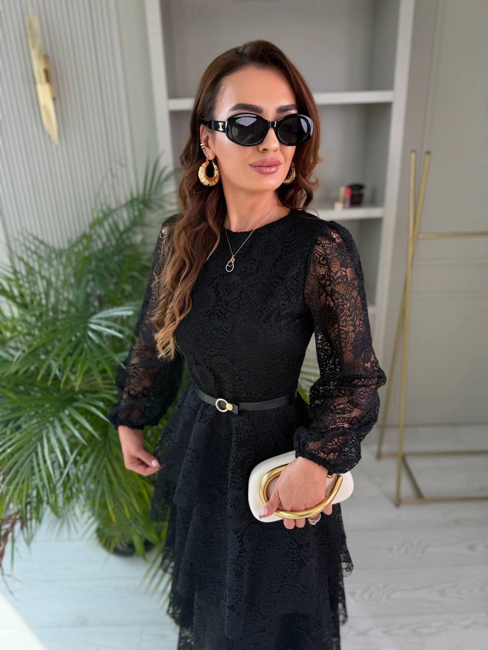 Tasarım%20Siyah%20Kat%20Kat%20Kemerli%20Astarlı%20Premium%20Dantel%20Elbise