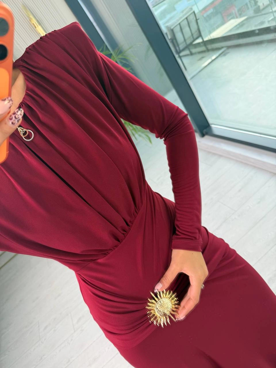 Bordo%20Vatkalı%20Bel%20Aksesuar%20Detay%20İthal%20Likralı%20Candy%20Kumaş%20Elbise