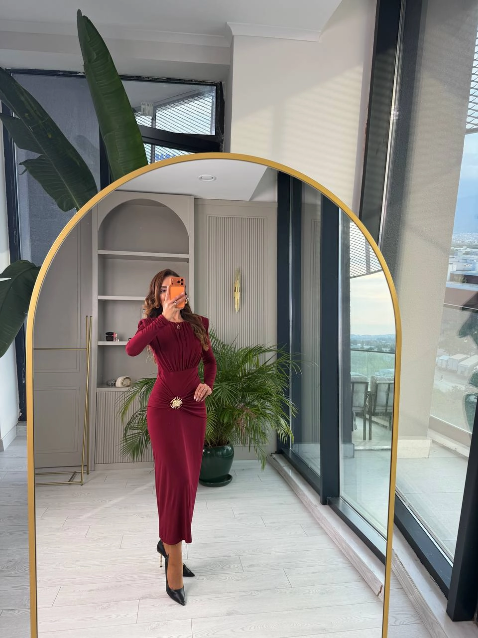 Bordo%20Vatkalı%20Bel%20Aksesuar%20Detay%20İthal%20Likralı%20Candy%20Kumaş%20Elbise