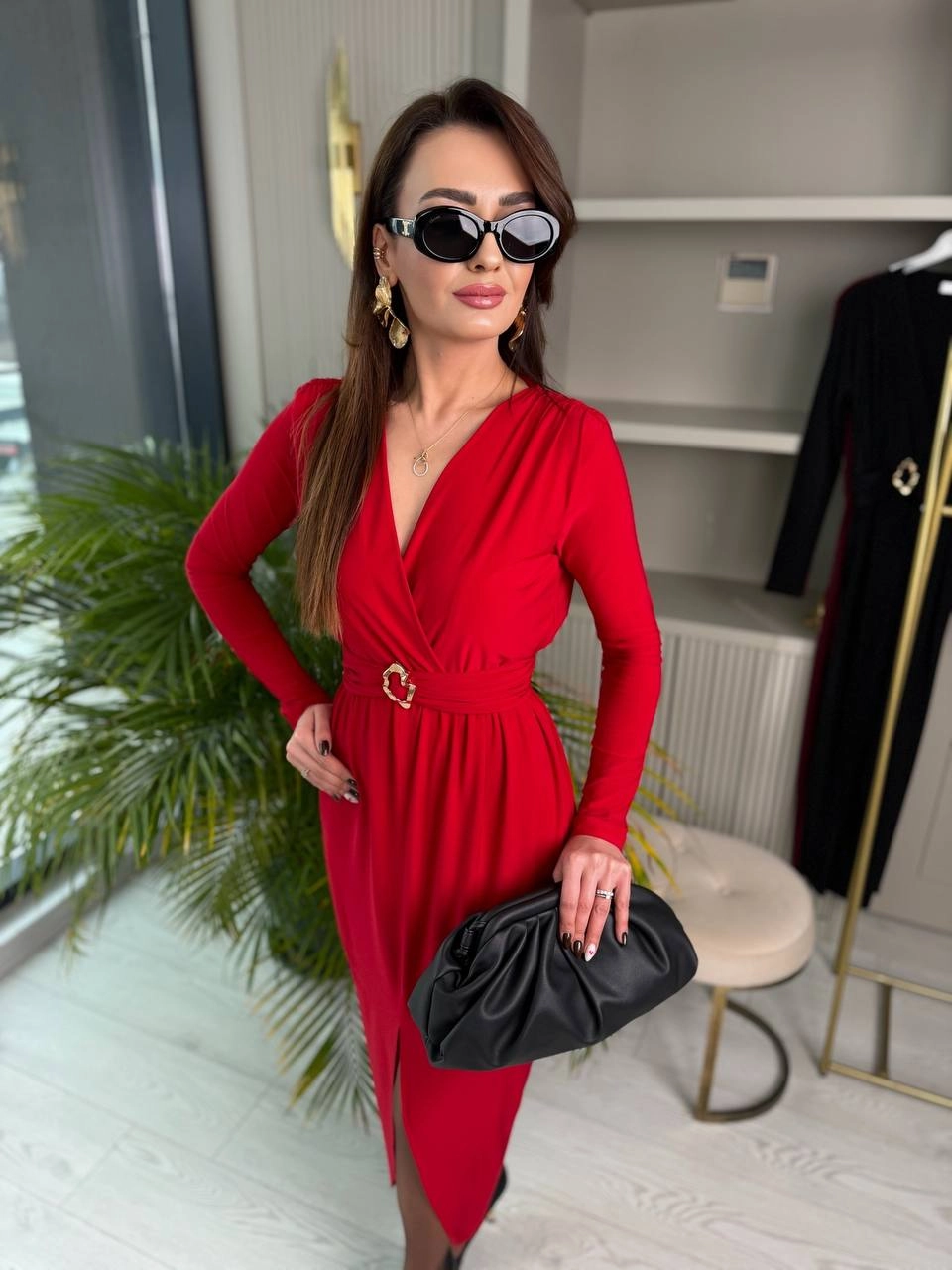 Kırmızı%20Bel%20Detay%20Likralı%20Tok%20Candy%20Kumaş%20Elbise