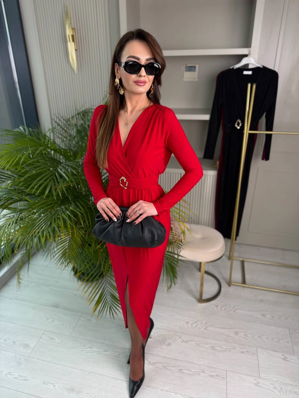 Kırmızı%20Bel%20Detay%20Likralı%20Tok%20Candy%20Kumaş%20Elbise