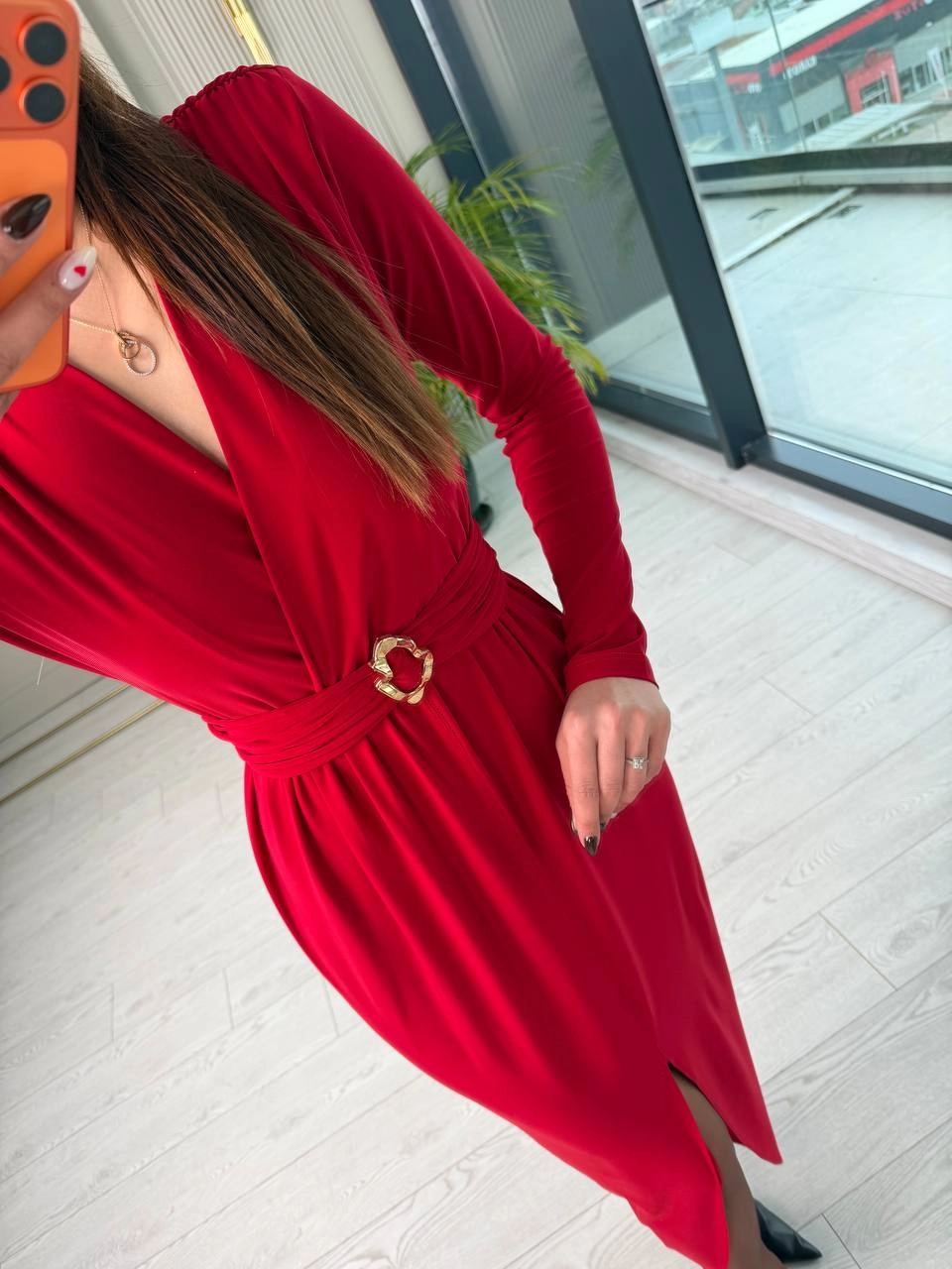 Kırmızı%20Bel%20Detay%20Likralı%20Tok%20Candy%20Kumaş%20Elbise